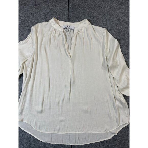 Magaschoni Blouse Top Women Medium Ivory Pleated Split Neck Long Sleeve Pullover - Picture 1 of 7